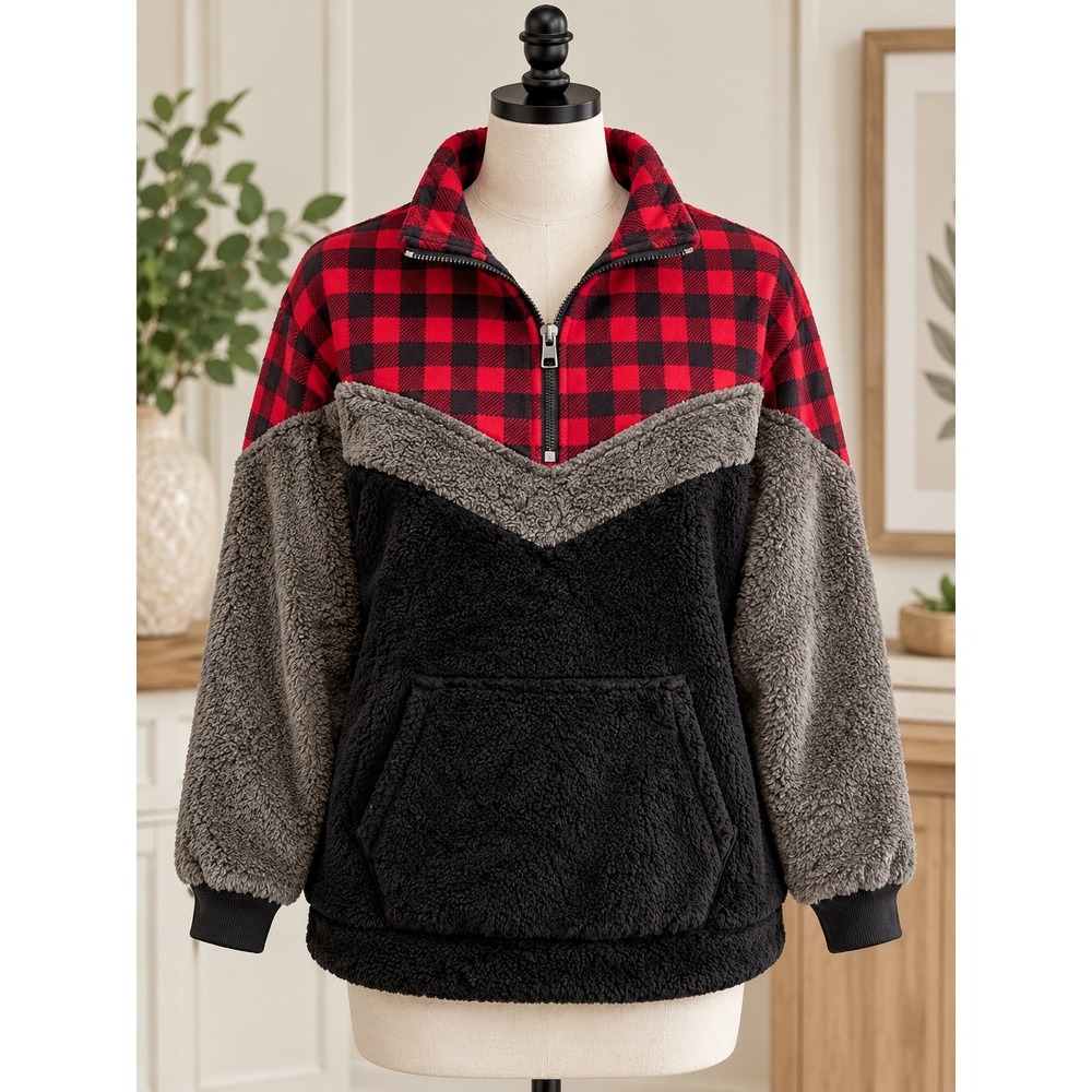 Womens Buffalo Plaid Sherpa Pullover XL Fleece Quarter Zip Grace & Emma